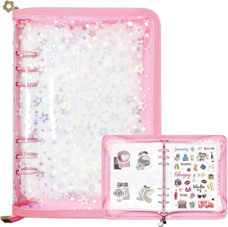 Ruatu Sticker Storage Organizer Binder A5 Sticker Collecting Book Reusable Zipper Album with Clear Laser Star Cover and Pocket Pages (Pink) - Image 1